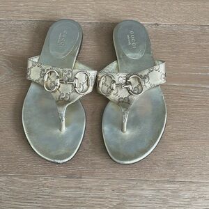 Gucci Metallic Gold GG Logo Thong Sandals